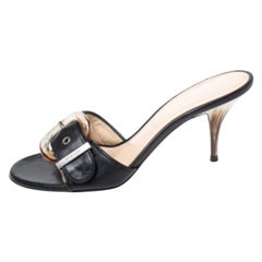 CasadeI Black Leather Buckle Detail Slide Sandals Size 37.5