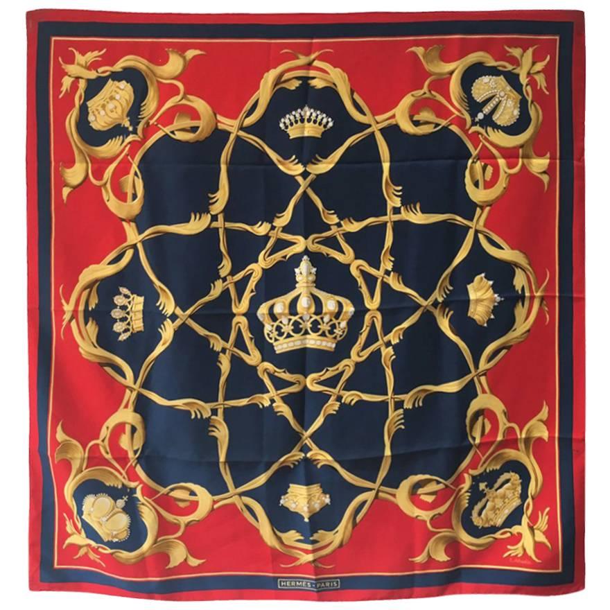 Hermes Rare Crowns Couronnes Silk Scarf in Red and Blue c1960s