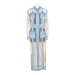 Balmain Bicolor Sheer Silk Panelled Denim Trim Shirt Dress L
