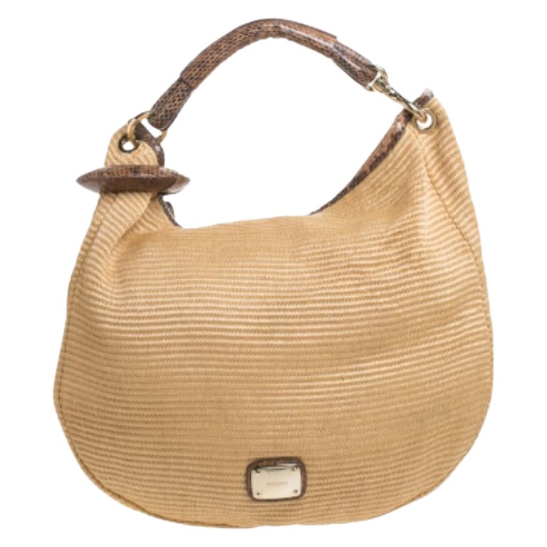 Jimmy Choo Tan Straw and Snake Skin Trim Handle Sky Hobo en vente