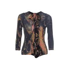 Roberto Cavalli Black Printed Stretch Knit Neck Tie Detail Top S