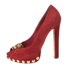 Alexander McQueen Red Suede Skull Embellished Peep Toe Pumps Size 36