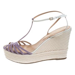 Sergio Rossi Lavender/White Suede and Leather T-Strap Wedge Sandals Size 39.5