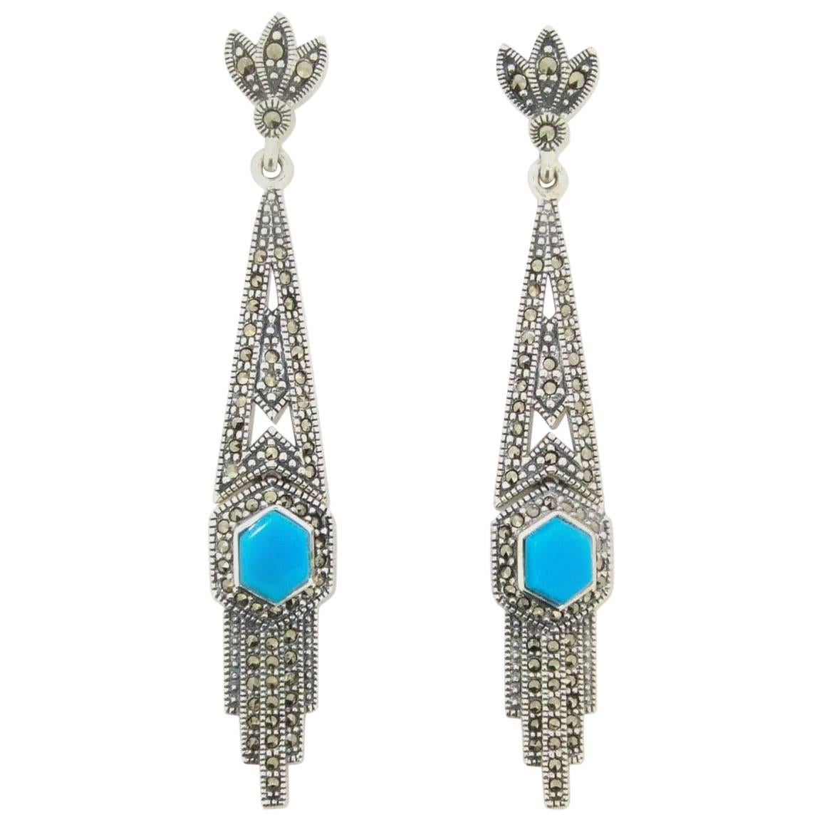 Art Deco Turquoise Silver Marcasite Earrings For Sale
