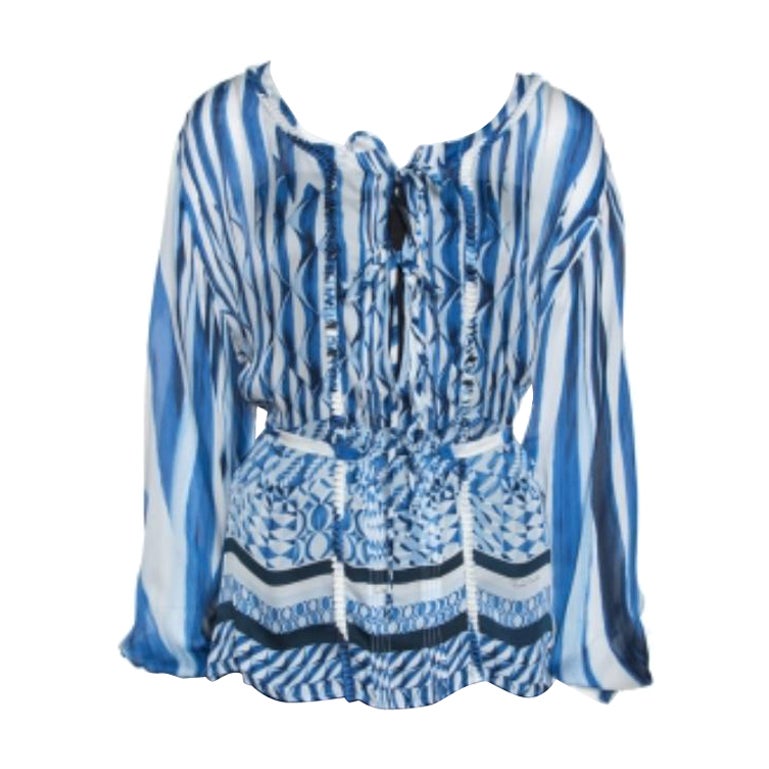 Roberto Cavalli Camicetta in seta blu e bianca con stampa deco, M. I.