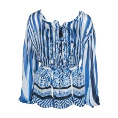 Roberto Cavalli Blue and White Deco Print Silk Tie Up Blouse M