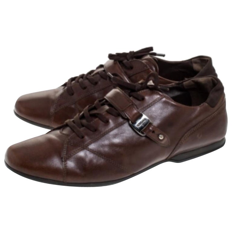 Salvatore Ferragamo Brown Leather Low Top Sneakers Size 45.5 en vente