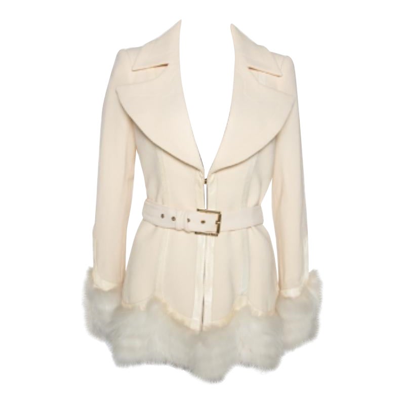 Roberto Cavalli Cremefarbene Jacke mit Gürtel und Fuchspelzbesatz aus Wolle M im Angebot