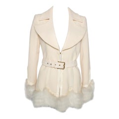 Used Roberto Cavalli Cream Wool Fox Fur Trim Belted Jacket M