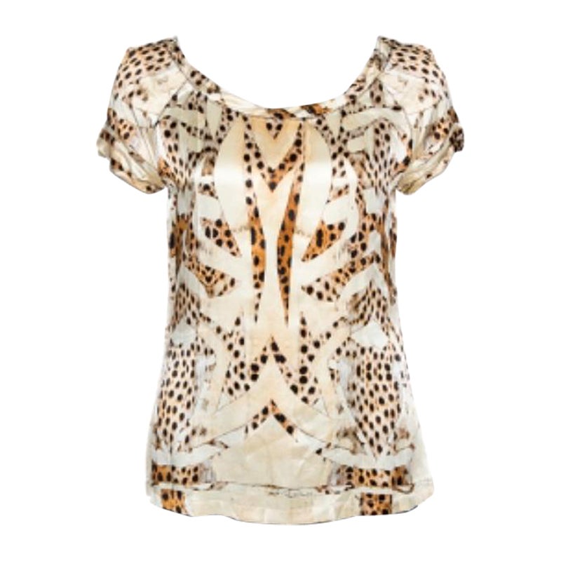 Roberto Cavalli Crema y Beige Seda Estampado Leopardo Top Manga Corta S