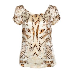 Roberto Cavalli Cream and Beige Silk Leopard Print Short Sleeve Top S