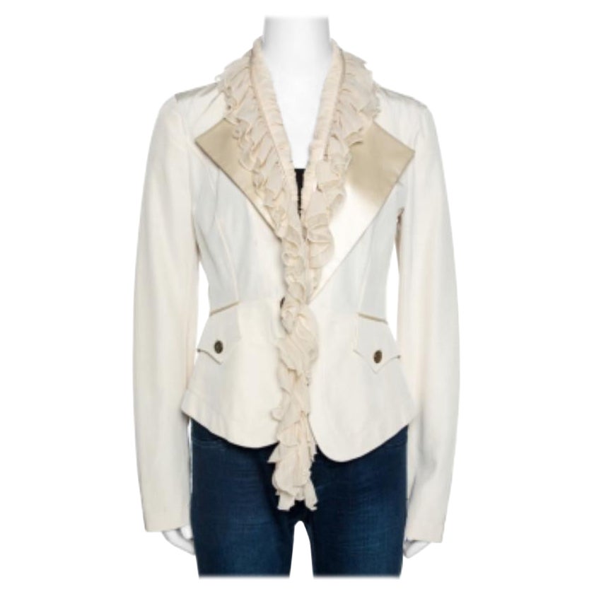 Roberto Cavalli Creme Baumwollmischung Rüschendetail Jacke M im Angebot