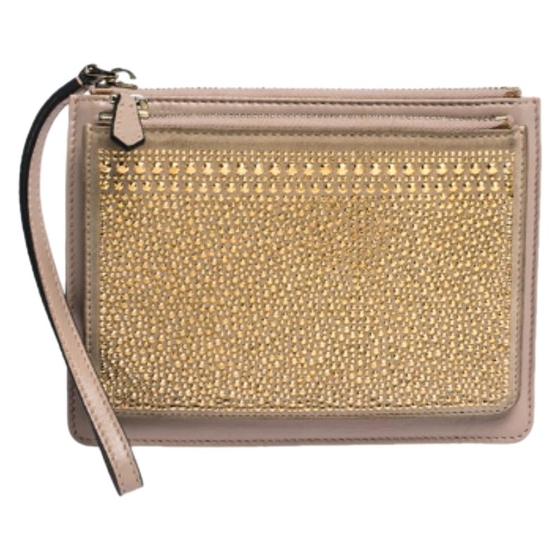Valentino Nude Beige/Gold Leather and Suede Studded Wristlet Pouch en venta