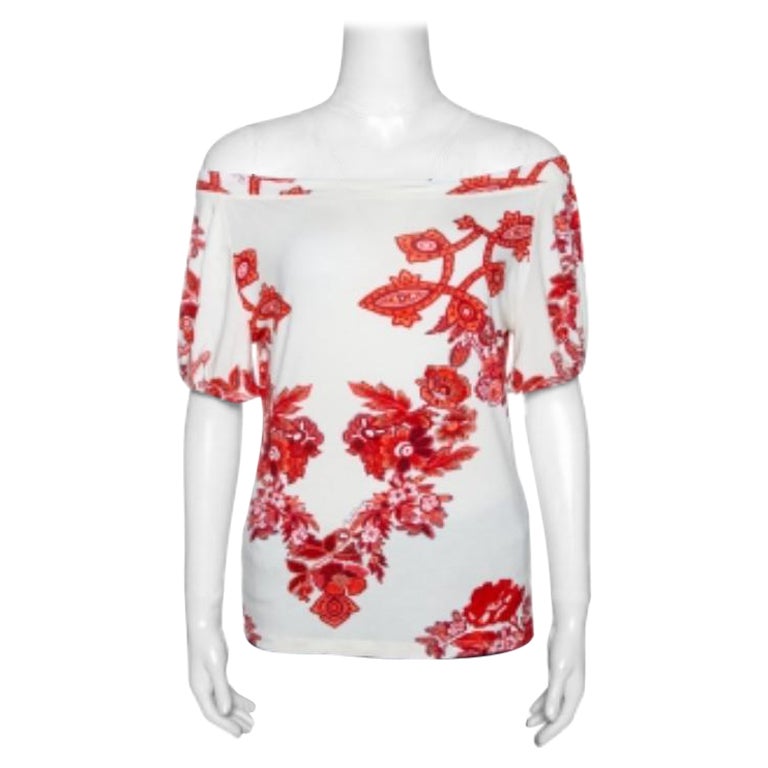 Roberto Cavalli White and Red Floral Print Off Shoulder Top L im Angebot