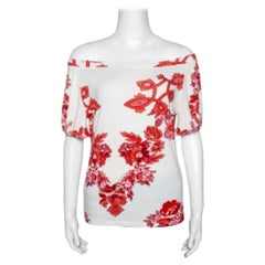 Roberto Cavalli White and Red Floral Print Off Shoulder Top L