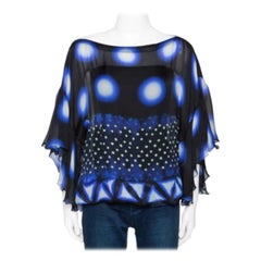 Roberto Cavalli Blue & Black Printed Silk Sheer Blouse S