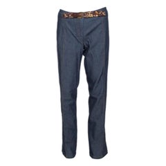 Roberto Cavalli Indigo Stretch Cotton Leopard Print Trim Pants L