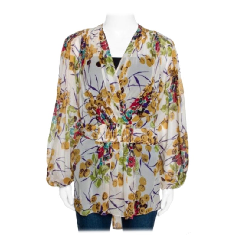 Roberto Cavalli - Chemisier faussement enveloppé en soie géorgette multicolore, imprimé floral M. en vente