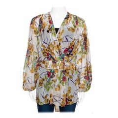 Roberto Cavalli Multicolor Silk Georgette Floral Print Faux Wrap Blouse M