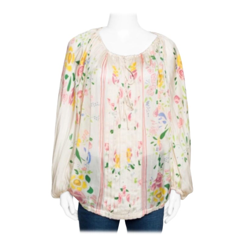 Roberto Cavalli haut caftan transparent en soie à imprimé floral crème, taille M en vente