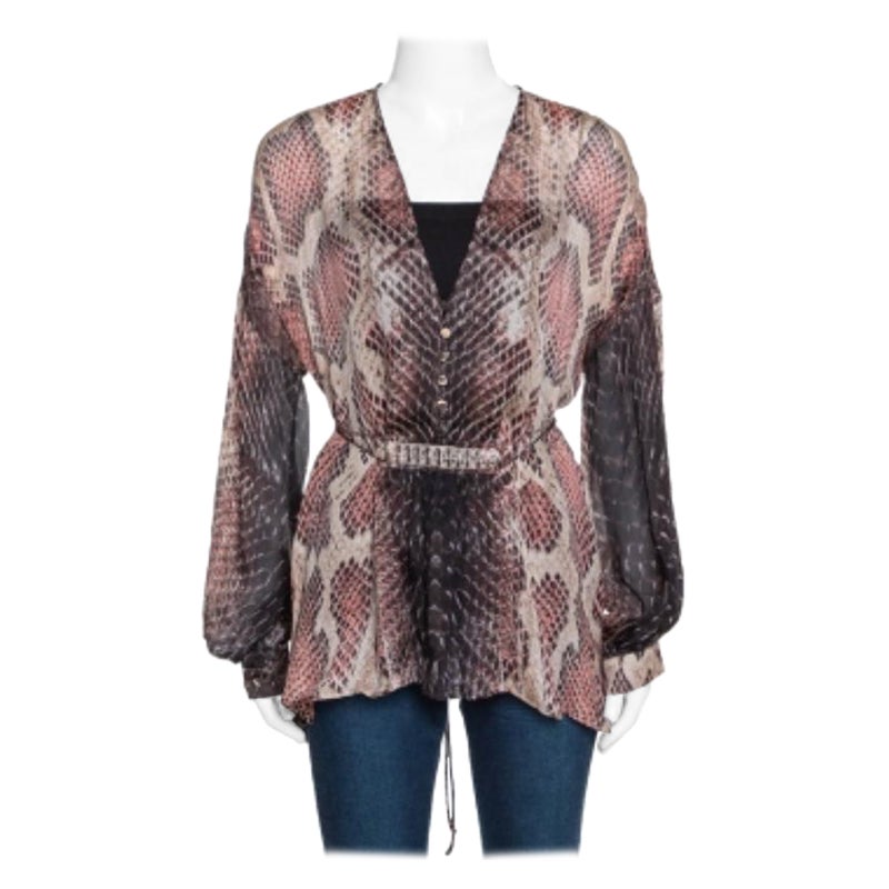 Chemisier Roberto Cavalli en soie transparent orné d'imprimé animal multicolore S en vente