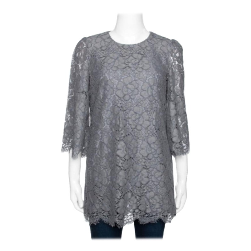 Dolce & Gabbana Grey Floral Corded Lace Three Quarter Sleeve Top M en venta
