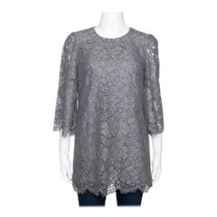 Dolce & Gabbana Grey Floral Corded Lace Three Quarter Sleeve Top M