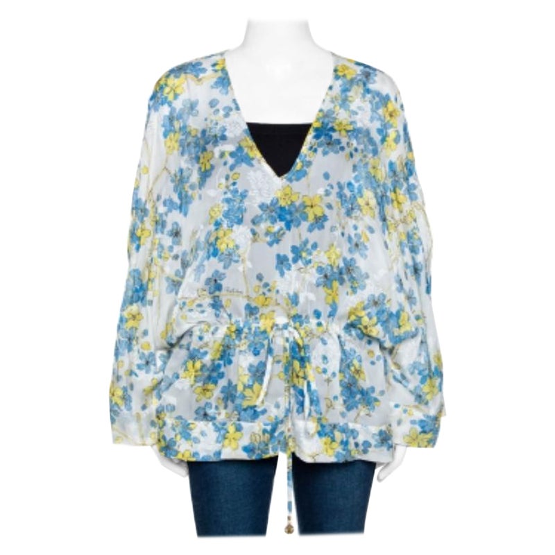 Roberto Cavalli Blue & White Floral Print Silk Sheer Kaftan Top M en vente