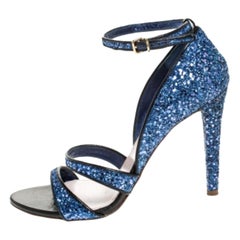 Miu Miu Metallic Blue Coarse Glitter Ankle Strap Sandals Size 38.5