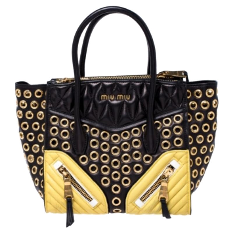 Miu Miu Black/Yellow Leather Grommet Biker Convertible Tote en vente