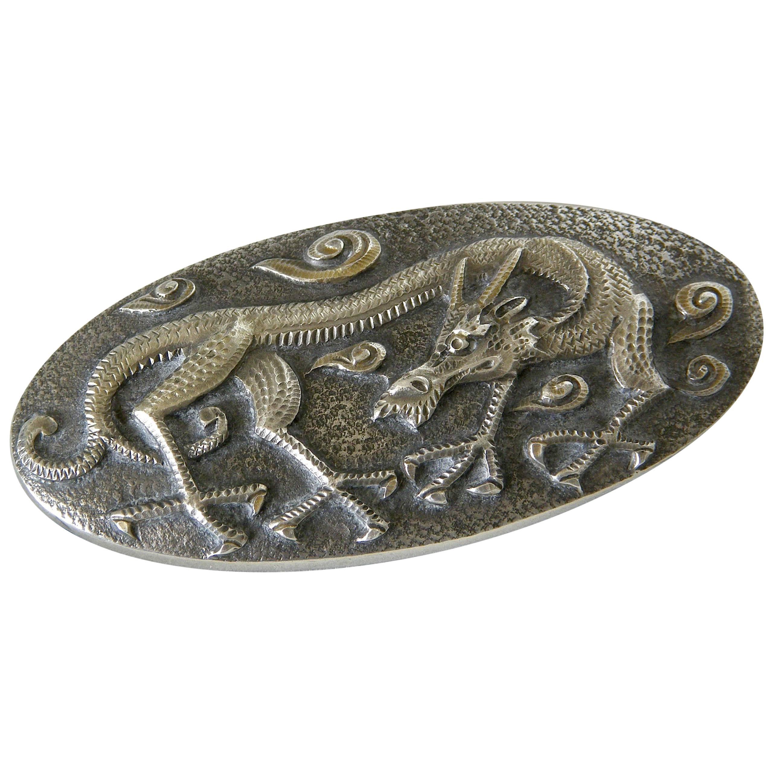 Hand Hammered Sterling Belt Buckle with Three-Dimensional Dragon and Clouds For Sale