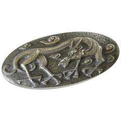 Hand Hammered Sterling Belt Buckle with Three-Dimensional Dragon and Clouds
