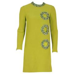 Vintage Pierre Cardin Chartreuse Green Silk Cut-Out Beaded Circles Cocktail Dress, 1967 