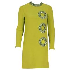 1967 Pierre Cardin Chartreuse Green Silk Cut-Out Beaded Circles Cocktail Dress 2