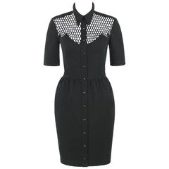 THIERRY MUGLER S/S 1985 Black Cotton Button Front Illusion Shirt Dress 11