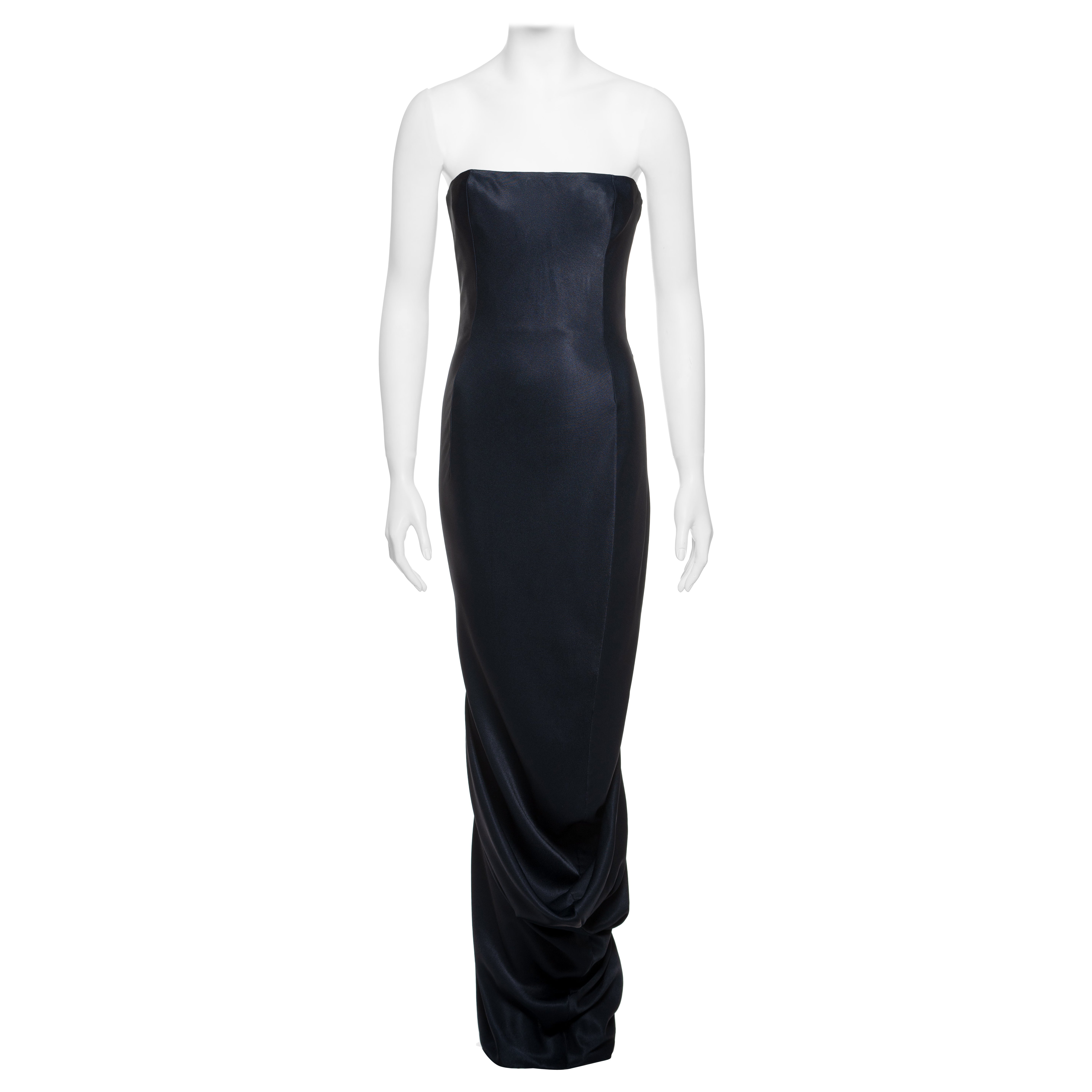 John Galliano Vestido drapeado sin tirantes de crepé satinado azul noche, FW 1995 en venta