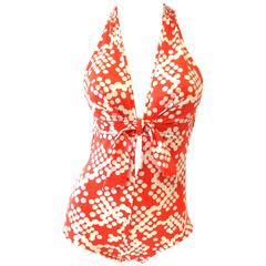 1970s Red Polkadot Cluster Plunge Swimsuit 