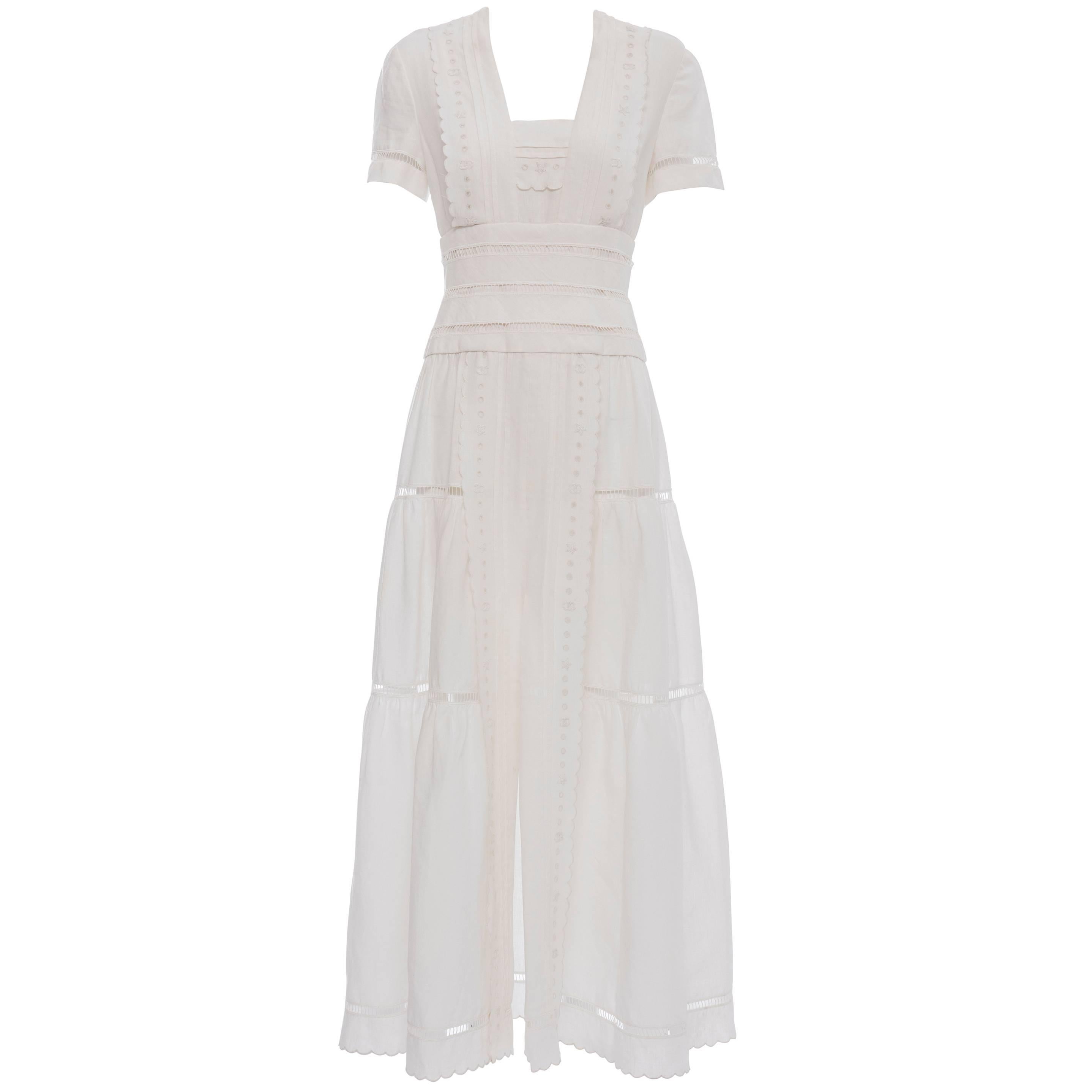 Chanel Short Sleeve Whitework Embroidered Linen Dress, Circa 1980's