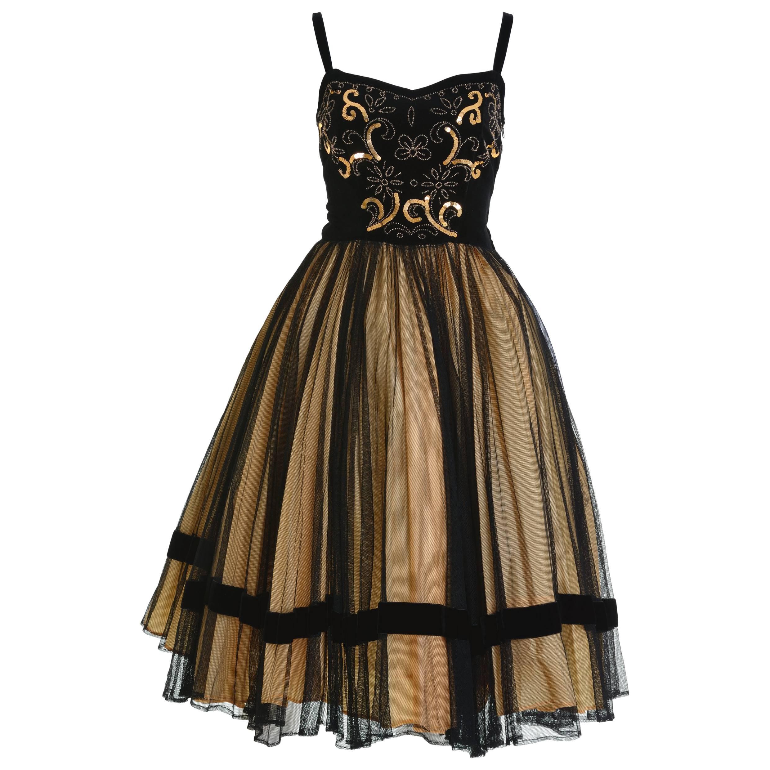 1950s Vintage Black and Gold Embroidered Cocktail Dress
