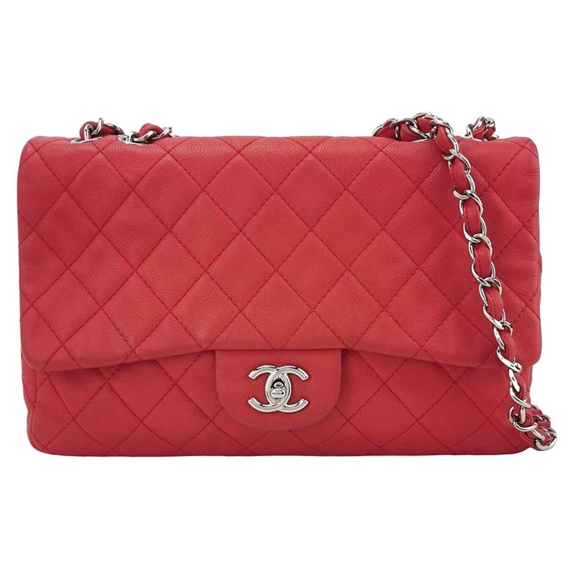 Chanel Classic Leather Jumbo Piel de Caviar Roja Solapa Única Herrajes Plateados en venta