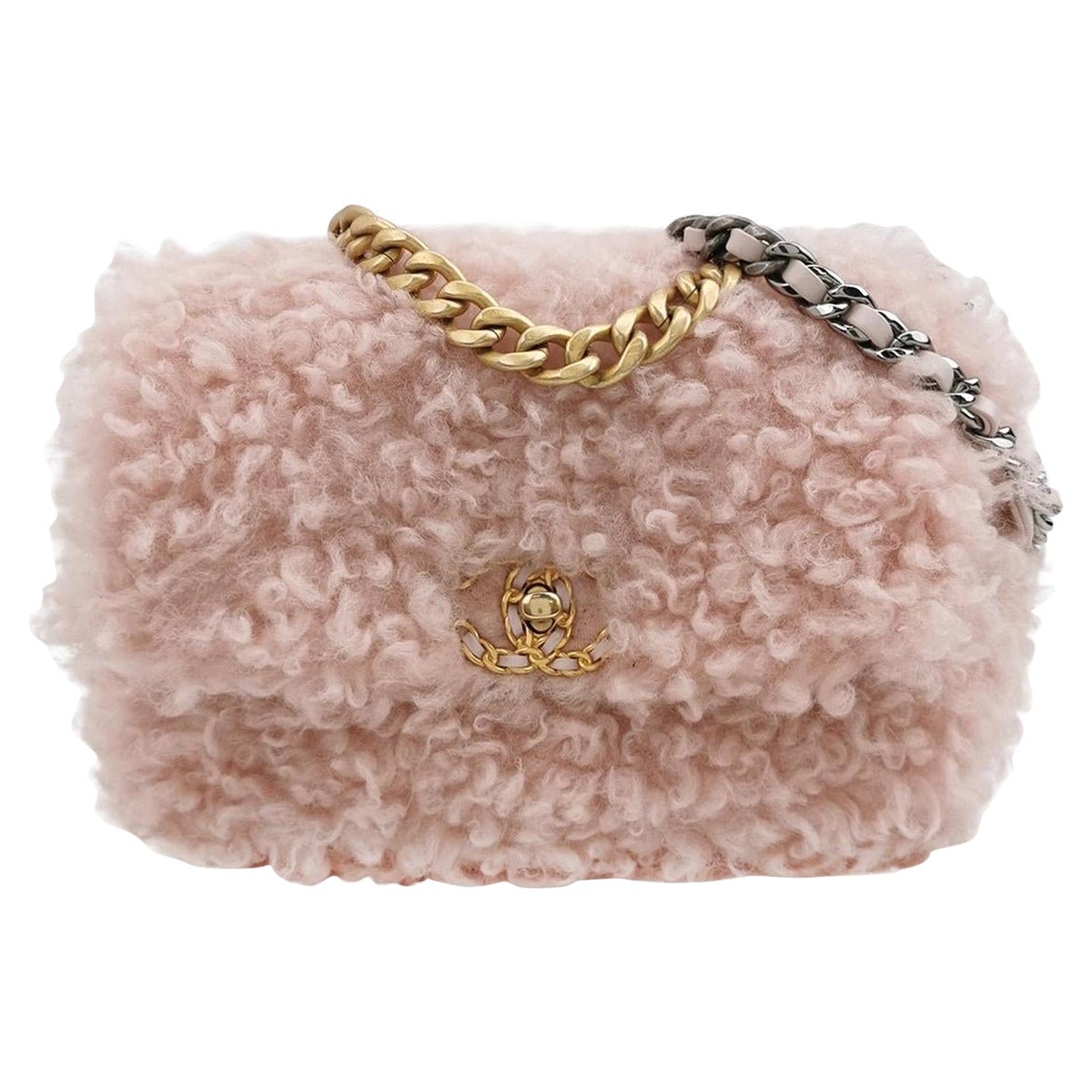 Chanel 19 Tasche 2021 Kleine rosa Shearling Klappentasche