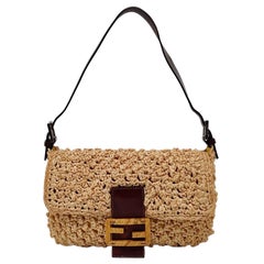 Borsa a tracolla Fendi Baguette in paglia beige e pelle marrone