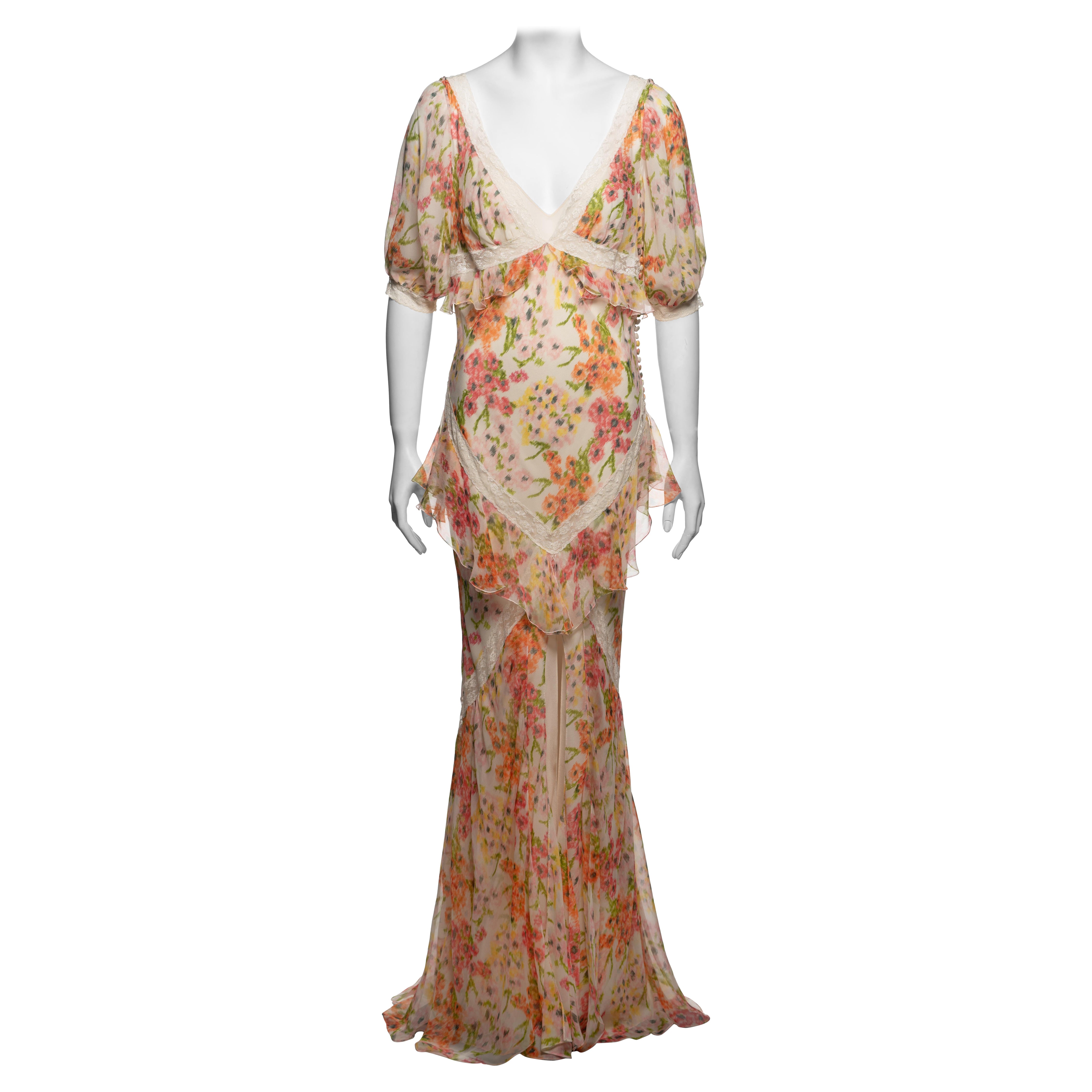 Christian Dior by John Galliano geblümtes Seidenkleid mit Baumwollspitzenbesatz mit Spitzenbesatz, F/S 2005 im Angebot