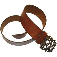 Vintage Abstract Figural Brutalist Brass/Bronze Buckle W/ Original Leather Belt