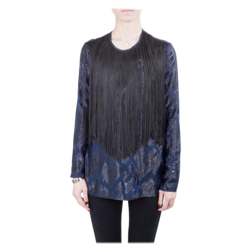 Yigal Azrouel Camicetta blu navy con motivo Chevron e frange in seta S in vendita