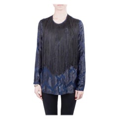 Yigal Azrouel Navy Blue Chevron Pattern Silk Fringe Detail Blouse S
