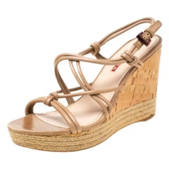 Prada Sport Leather Strappy Cork Wedge Espadrille Platform Sandals Size 37.5