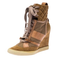 Chloe Beige/Brown Suede Leather And Canvas Lace Up Wedge Ankle Boots Size 38