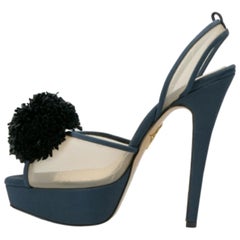 Charlotte Olympia Blue Suede Trim Mesh Pomoline Pom Pom Platform Sandals Size 37