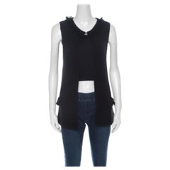 CH Carolina Herrera Black Chunky Knit Merino Wool Fringed Sleeveless Cardigan XS